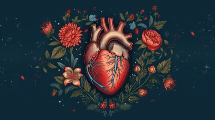 Watercolor realistically painting, Human heart with floral design. - obrazy, fototapety, plakaty
