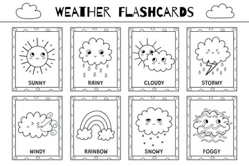 Cute weather flashcards black and white collection. Flash cards set for coloring with funny sun and cloud characters. Learning forecast vocabulary for school and preschool. Vector illustration