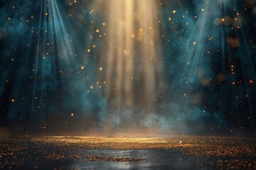 A golden and bronze glow, a spotlight on a dark stage, with glittering particles scattered throughout.