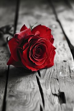 beautiful red rose on a rustic wooden table in black and white