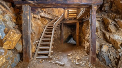 Fototapeta na wymiar Traversing through the interior of a sleek and tight contemporary gold mine tunnel