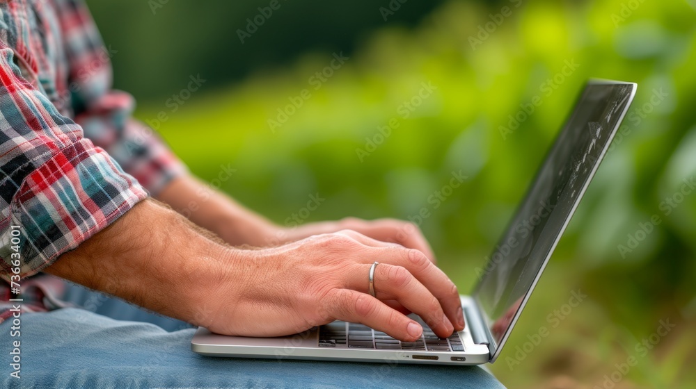 Poster modern farmer using laptop on blurred defocused background with copy space for text placement