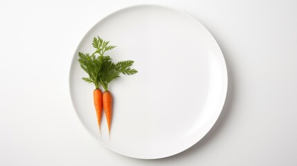 A carrot placed on a circular white plate against a white backdrop, viewed from above.