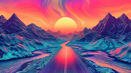 Fotobehang illustration of a retro style psychedelic landscape with vivid colors © Jorge Ferreiro