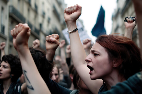 A powerful image capturing a woman shouting with her fist raised during a protest - Generative AI