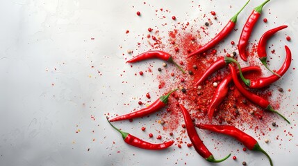 Isolated red chili peppers and powder on white background for culinary use and spicy recipes