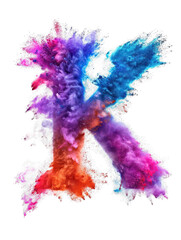 Multicolored powder Holi font explosion isolated on transparent background. Full color letter K. An explosion of color dust in high resolution. Festival clip art