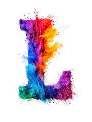 Multicolored powder Holi font explosion isolated on transparent background. Full color letter L. An explosion of color dust in high resolution. Festival clip art