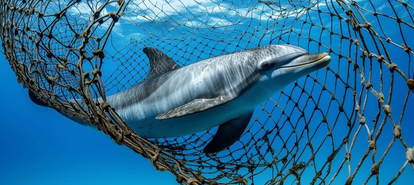 Underwater view of dolphin caught in fishing net highlights impact of human waste on marine life.