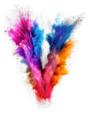 Multicolored powder Holi font explosion isolated on transparent background. Full color letter V. An explosion of color dust in high resolution. Festival clip art