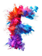 Multicolored powder Holi font explosion isolated on transparent background. Full color letter F. An explosion of color dust in high resolution. Festival clip art