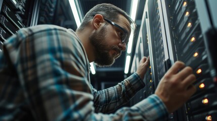 Focused technician in glasses meticulously adjusts equipment in a high-tech server room with glowing indicators