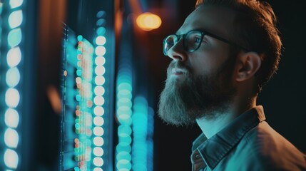 Focused bearded male IT professional examines server data on a monitor in a dimly lit room, reflecting vibrant blue lights on his glasses
