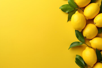 Fresh lemons with leaves on a yellow background