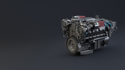 Large industrial diesel engine on a dark background with copy space. 3d illustration
