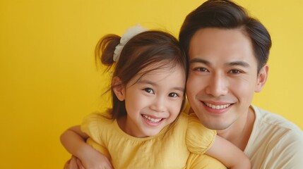A smiling young asian daughter in a yellow dress hugging father , against a yellow background.