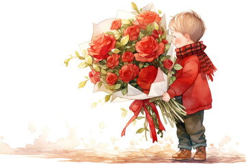 Cartoon boy giving a bouquet of scarlet roses to a girl, illustration for a children's book, white background. Pencil, watercolor drawing for your beloved girl. Valentine's Day, Women's Day, Birthday