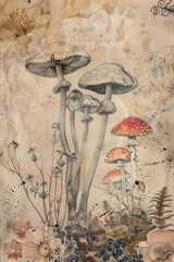 Vintage-inspired sepia-toned botanical illustration of various mushroom species