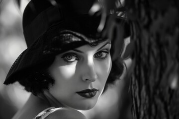 black and white, attractive model capturing the charm of silent cinema on set