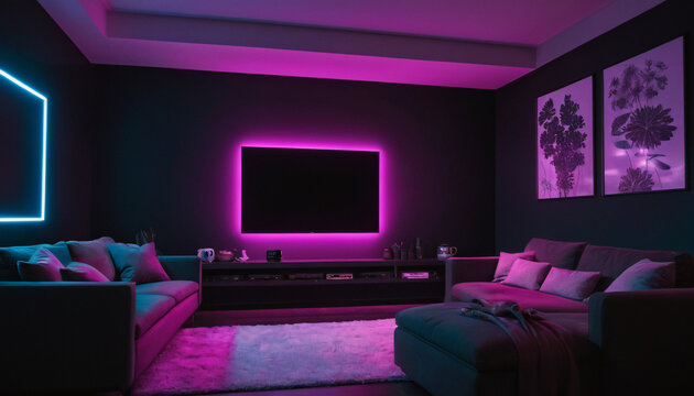 Home cinema, living room with colored LED lighting - Smart home. Big Tv In A Living Room. Elegant living room with big tv screen. Colored LED lit living room with home theater.