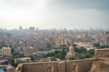 Cairo, Egypt - October 25, 2022. View of the Cairo city from the Mosque of Muhammad Ali in the Citadel.