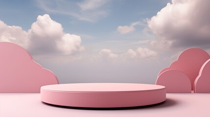 a round pink platform with ears and clouds in the sky