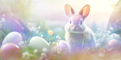 Fototapeta na wymiar Cheeky little Easter Bunny and Easter Eggs Banner Background - small rabbit surrounded by eggs, grass and daisies, with a soft multicoloured pastel infused light and copy space for Easter message