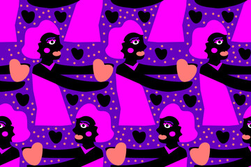 Bright magenta girl with black skin carrying lovely heart. Cartoon seamless vector pattern.