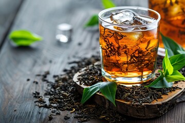 delicious cold tea infusion with lemon and mint leaves
