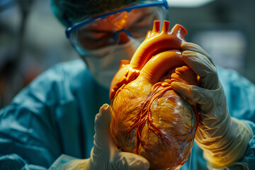 A surgeon in scrubs inspects a highly detailed anatomical model of the human heart in a clinical setting.
