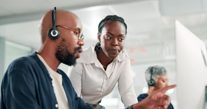 Call center, business people or training in office for contact us, customer service or help with faq and crm. Telemarketing, coaching or consultant with black woman mentor for loan, guide or advice