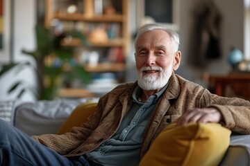 smiling elderly man sitting on a sofa in the living room of his house