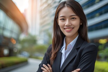 Naklejka premium businesswoman posing smiling in front of the camerawoman