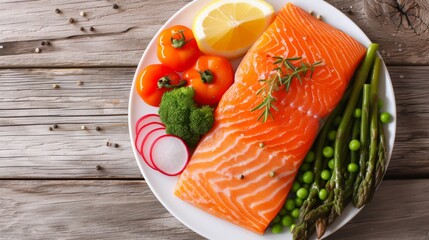 Savory roasted salmon steak with fresh veggies, perfect for healthy fish meal with space for text.