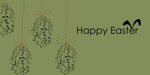 Vector illustration. Festive Easter background with copy space for text. Background with 3D realistic objects, Easter decor: Easter black, white and gold eggs, floral print on a pastel background.