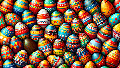 Fototapeta na wymiar Colorful Easter Celebration: Assorted Decorated Eggs in Bright Patterns