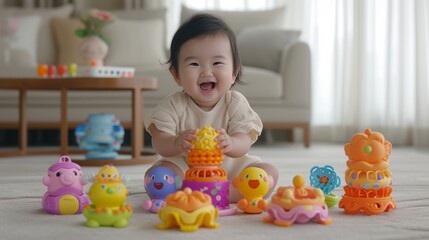Fototapeta premium Happy baby girl wearing light beige outfit playing with toys on living room carpet
