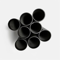 A set of robust black metal cylindrical tubes on a white background. Sophisticated and modern minimalist metallic tubes. Practical and functional metal tubes.