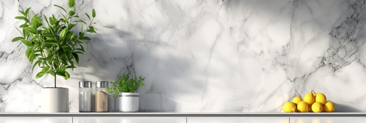 Minimalistic white kitchen interior with quartz countertop and potted lemon tree
