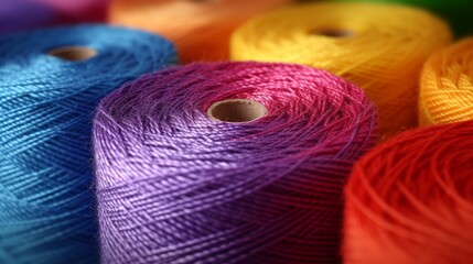 Colorful cotton threads on tailor textile fabric background with sewing threads of all colors