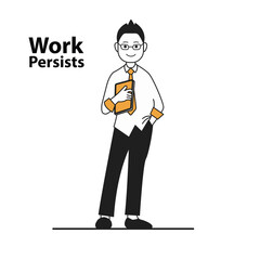 The vector illustration of an office man standing with a laptop reflects a relaxed atmosphere at work ,portraying a balance between productivity and relaxation in a professional environment