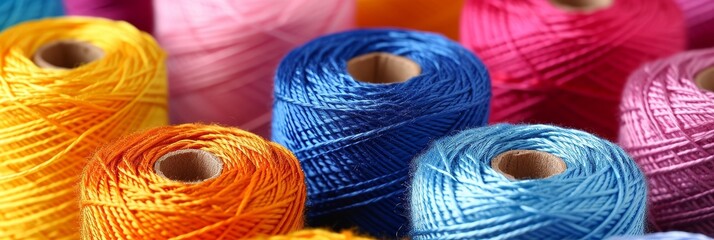 Vibrant assortment of colorful cotton threads on a tailor textile fabric background