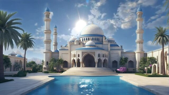 The beauty of the mosque with its front yard is a pool and a tall minaret, butterfly.seamless looping 4k video animation background