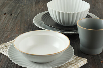 Empty Ceramic Bowl, Plate, and Cup