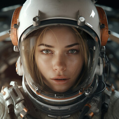 Close up of a young woman in astronaut suit, Generative AI