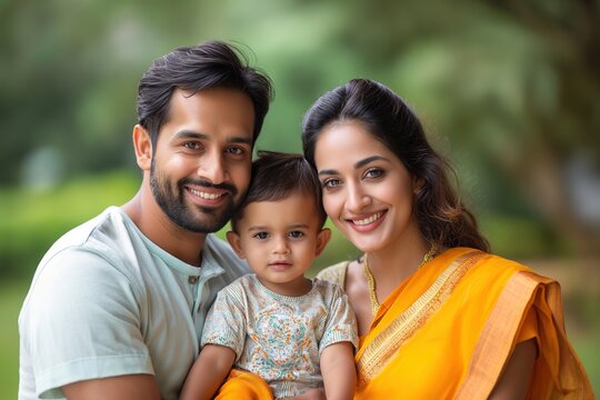 A young Indian man and woman strike a pose, capturing a moment with their adorable baby in a family portrait.