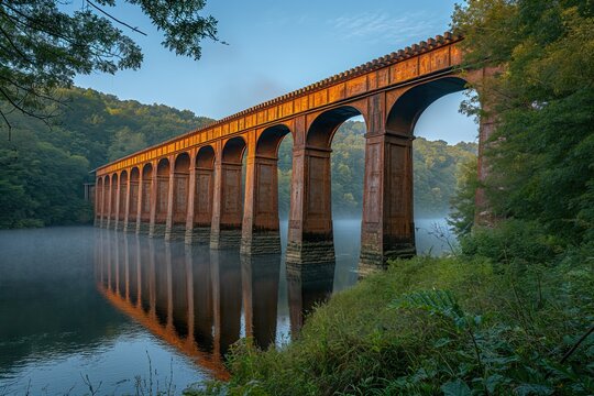 A bridge designed for railroad transportation, named Dubuque Railroad Bridge, spanning a body of water, with a backdrop of densely populated trees.