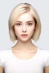 Naklejka premium Portrait of a Short-Haired Blonde Woman on a Solid White Background. Generative AI.