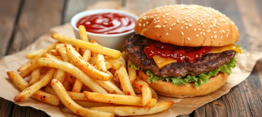 Savory fast food  delicious fries, sauce, and burger on a plate with room for text