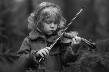 Fototapeta premium A young girl happily playing the violin surrounded by trees in a wooded area.